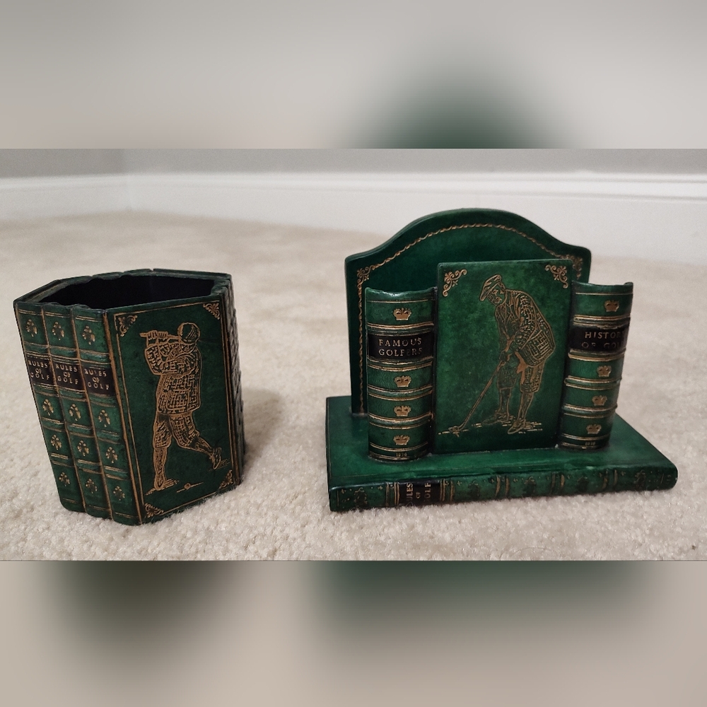 Golfer Desk Organizer Set - Pen/Pencil Holder & Letter Holder - Green/Gold - Picture 1 of 6